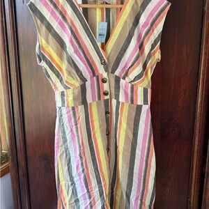 LOFT Striped V-Neck Button Front Summer Dress in Multi-Color